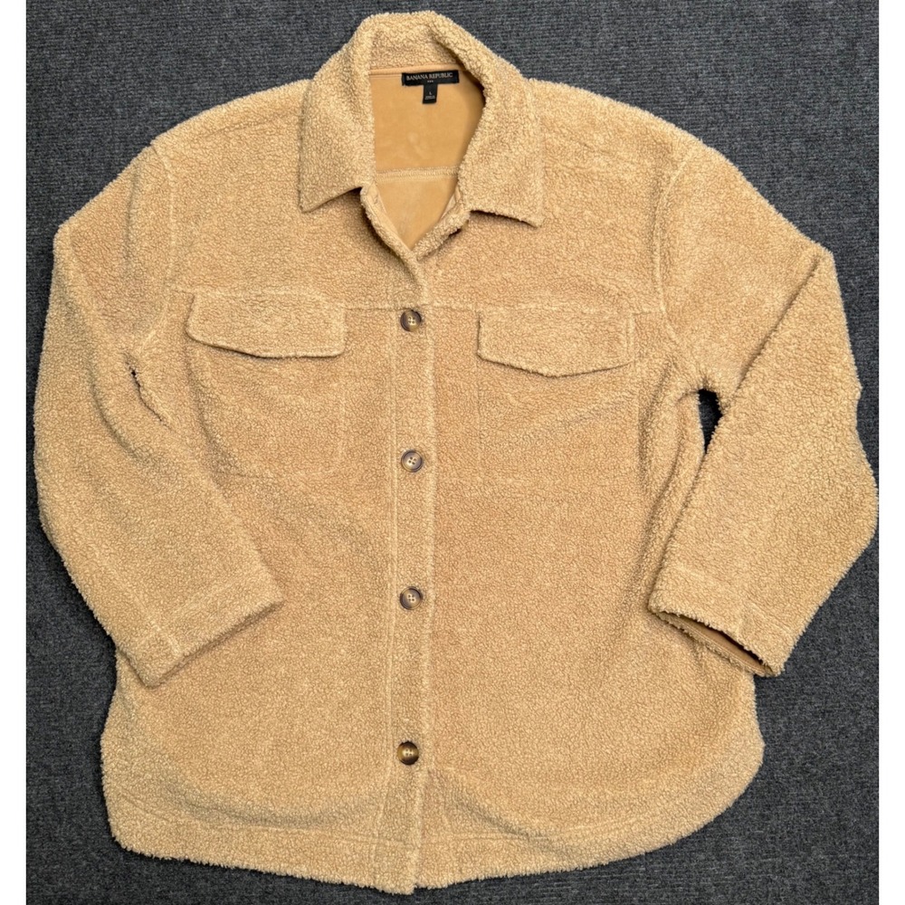 Banana Republic Bonded Sherpa Shirt Jacket Tan Camel Shacket Womens L Preppy